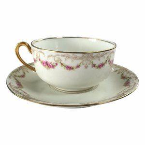 Limoges France Tea Cup & Saucer Pink Roses Floral Bawo & Dotter Elite Works